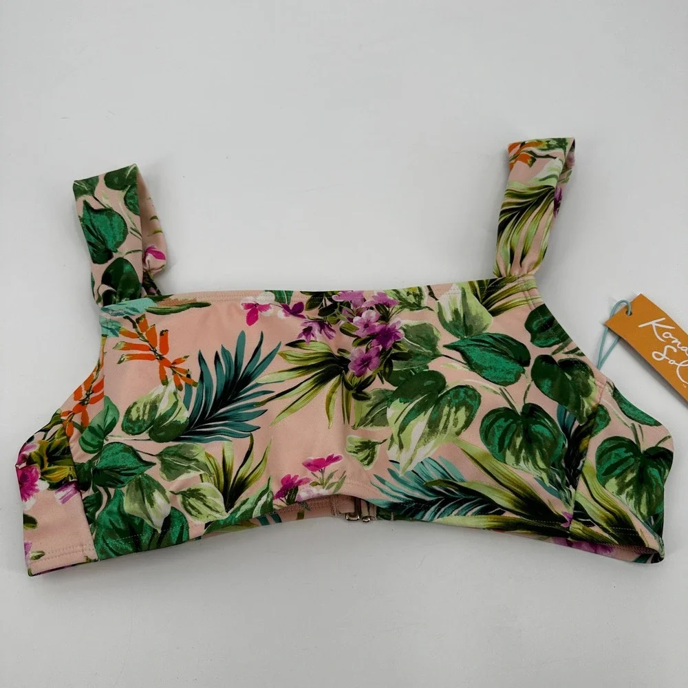 Kona Sol Tropical Botanical Floral Square‎ Neck Bikini Top Large Summer Vacation